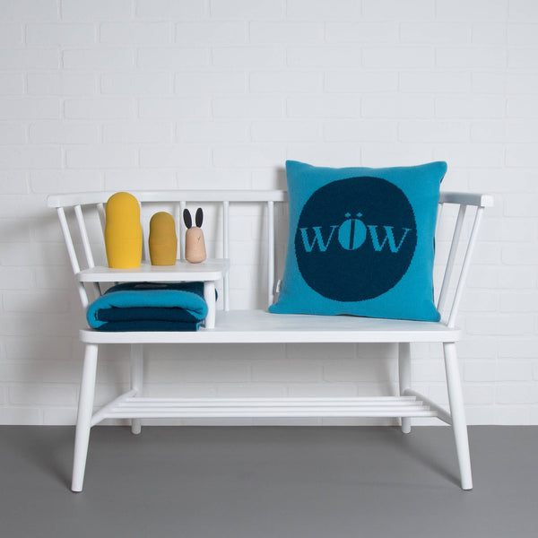 tullibee knitted cushion WOW blue ercol bench