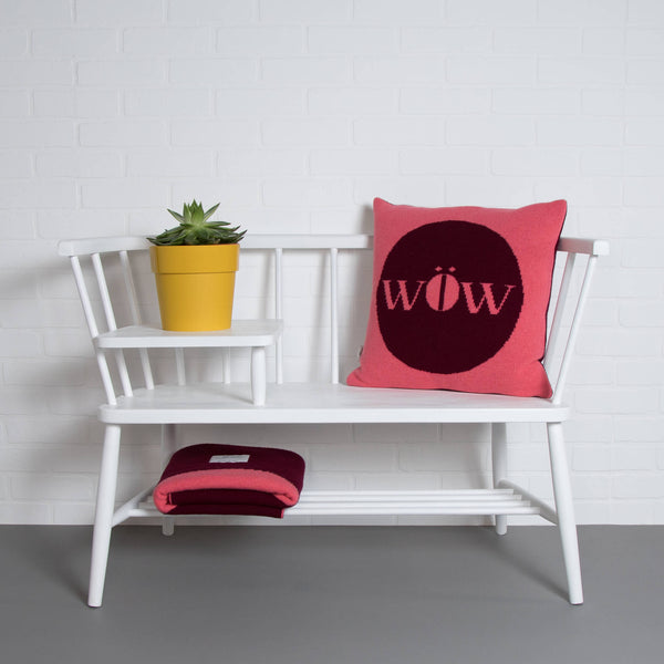 tullibee knitted cushion WOW pink ercol bench