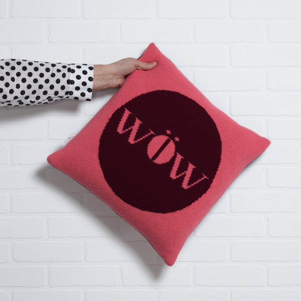 tullibee knitted cushion WOW pink holding