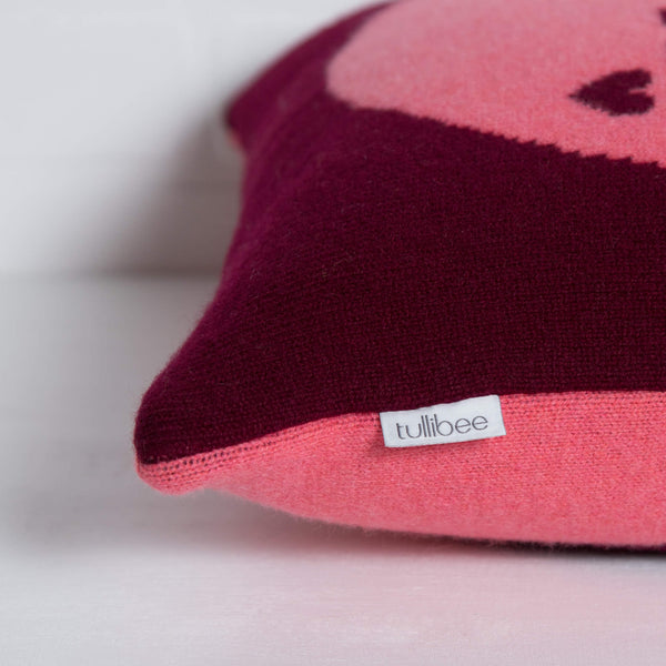 tullibee knitted cushion YAY WOW pink label close up