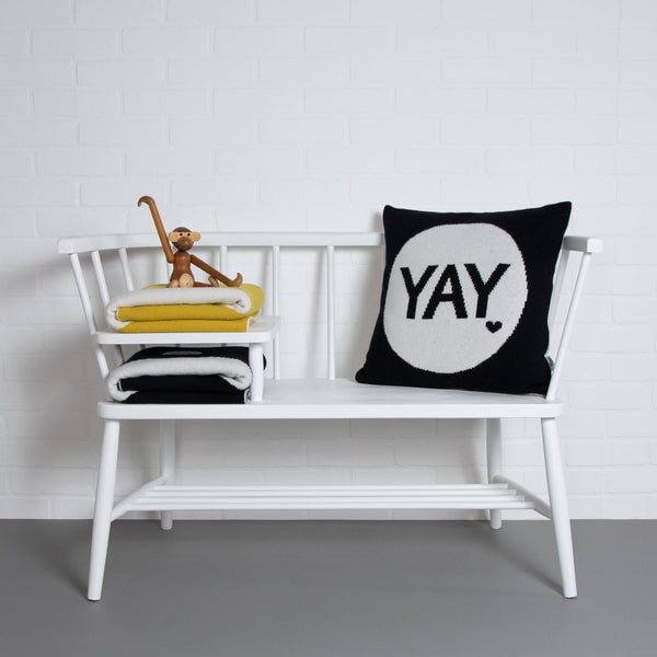 tullibee knitted cushion YAY black ercol bench