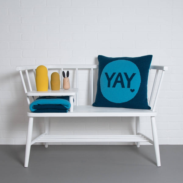 tullibee knitted cushion YAY blue ercol bench