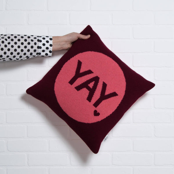 tullibee knitted cushion YAY pink holding