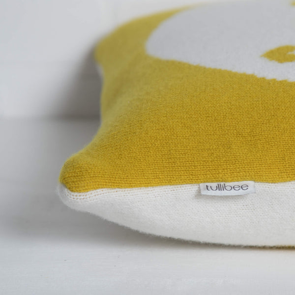 tullibee knitted cushion YAY WOW mustard label close up